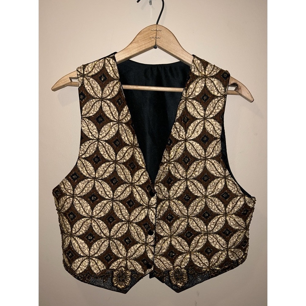 Vintage Vest Womens Med Brown Beaded Steampunk Whimsigoth Boho 90s Batik Tienda
